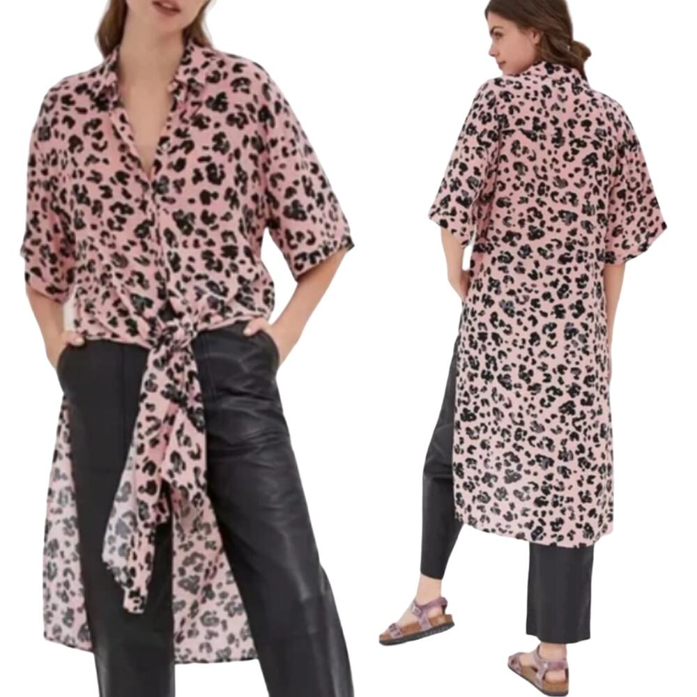 Anthropologie Maeve Tunic Button Down Leopard Print Longline Split Sides Pink L